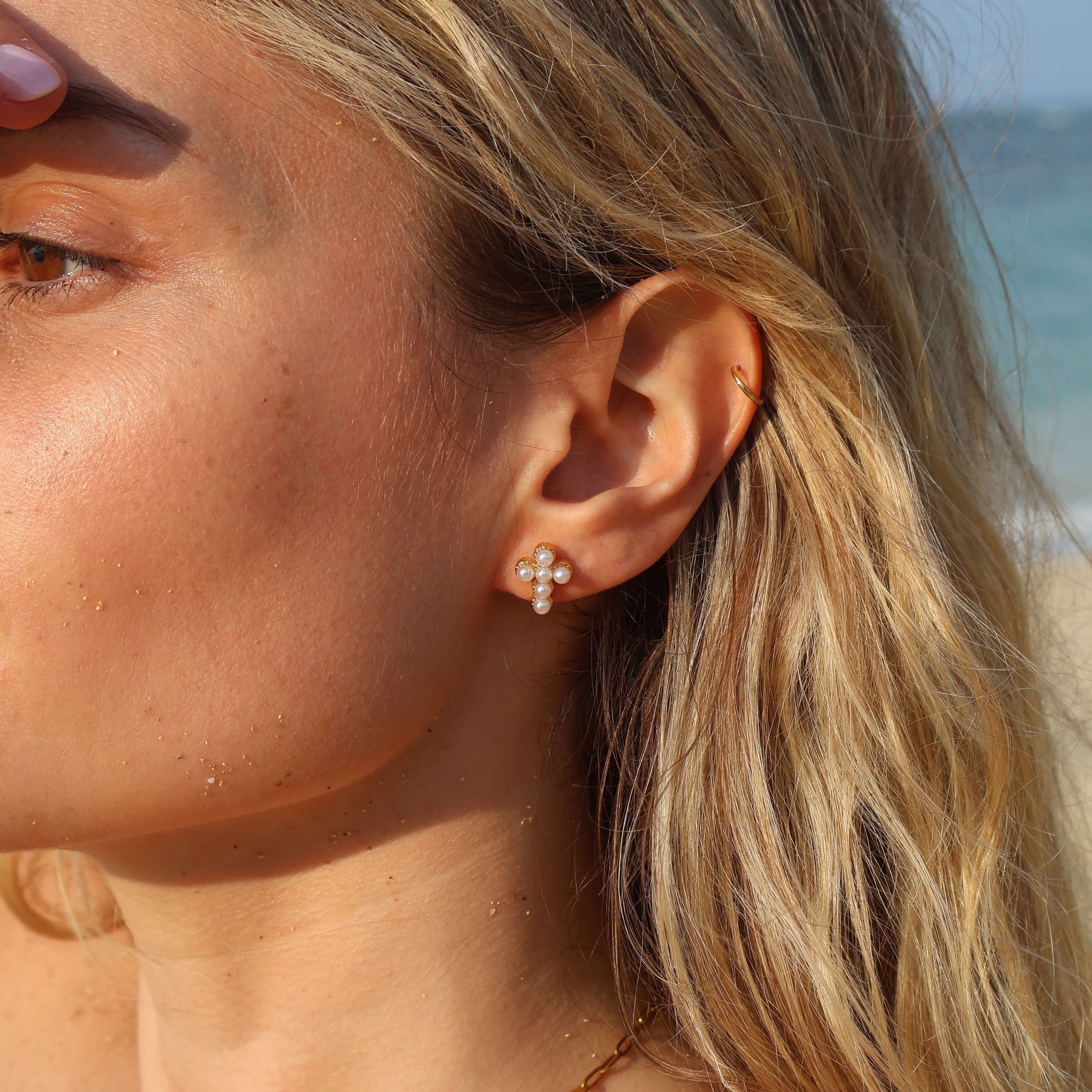 Catalina Cross Pearl Studs