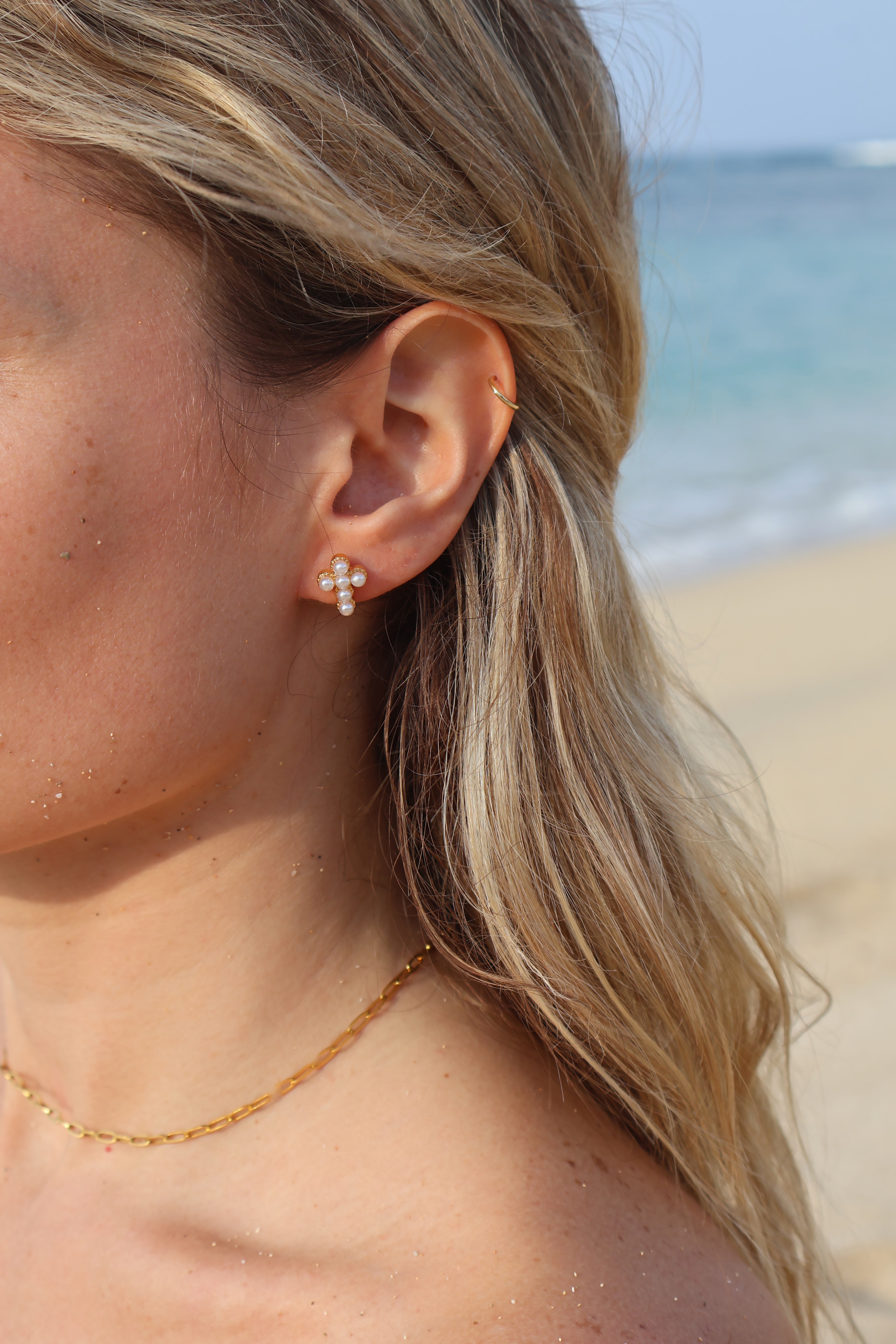 Catalina Cross Pearl Studs